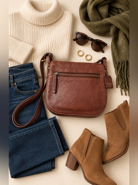Fossil Handbags - FOSSIL Brown Leather Crossbody Bag